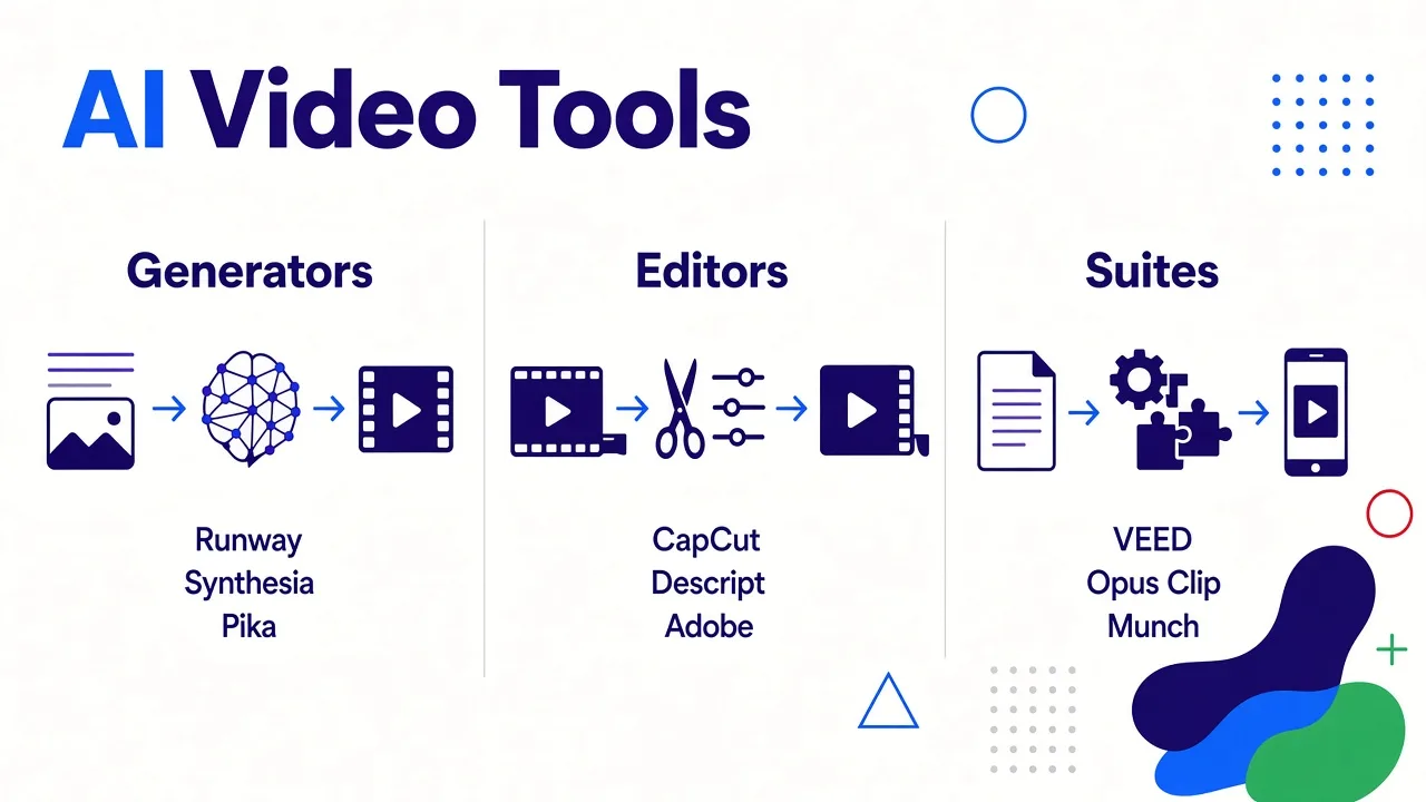 Decision tree showing three categories of AI video tools: Generators convert prompts into raw footage, Editors refine existing footage, and Suites transform text into finished videos.