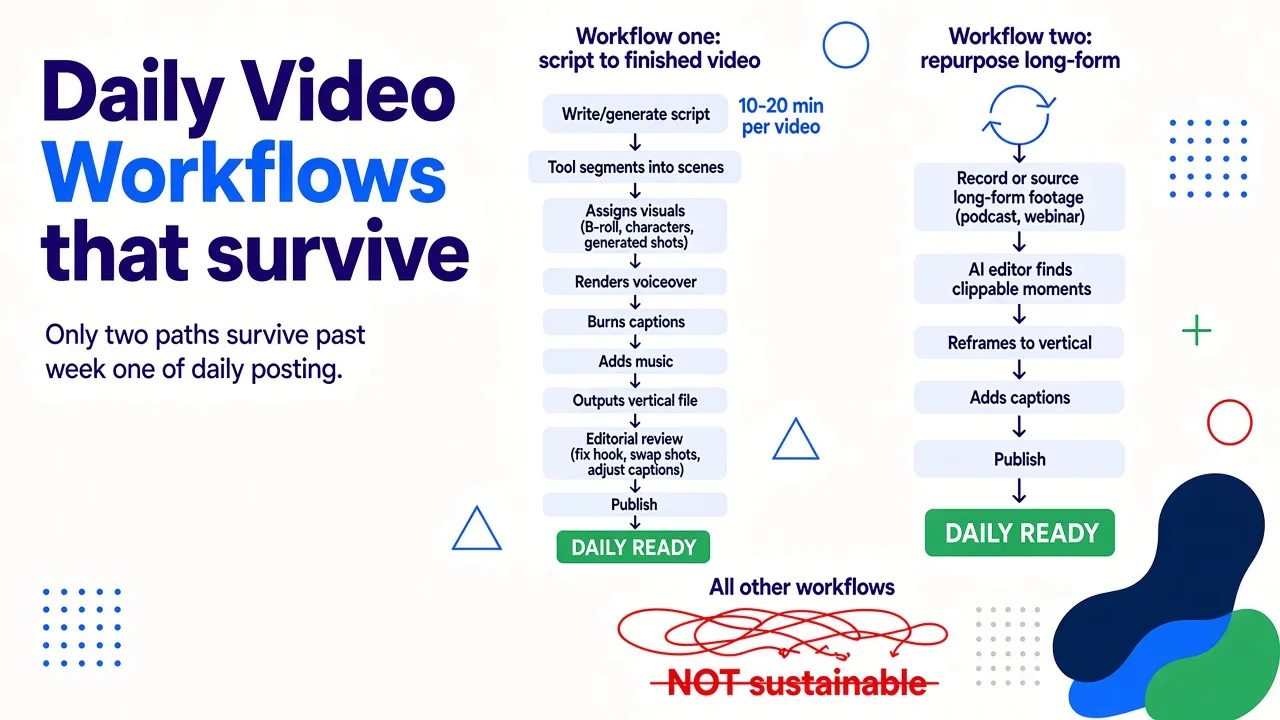 Two production workflows for daily video posting: one converting scripts into finished videos through nine steps, and one repurposing existing long-form content through five steps, with a third unsustainable workflow shown as crossed out below them.
