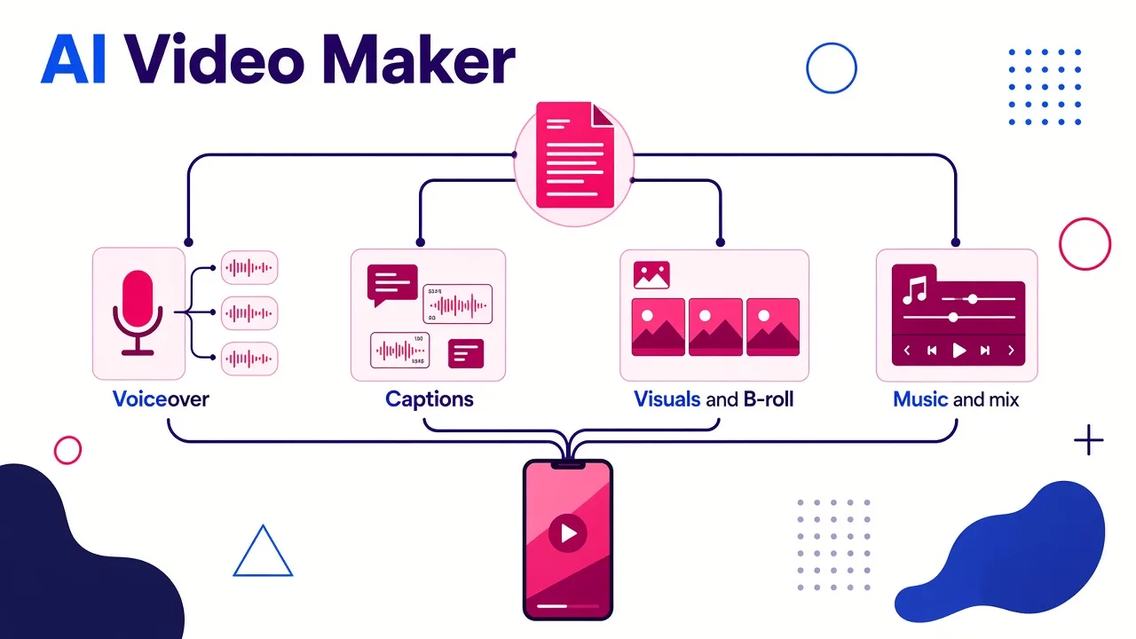 Diagram showing how a script input splits into four parallel processes—voiceover generation, caption timing, visual selection, and music mixing—that converge into a finished vertical video.