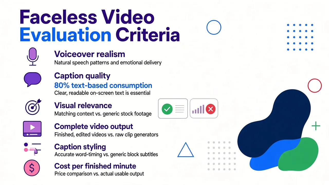 Six evaluation criteria for judging faceless video tools, arranged from voiceover realism through caption quality to cost per minute.