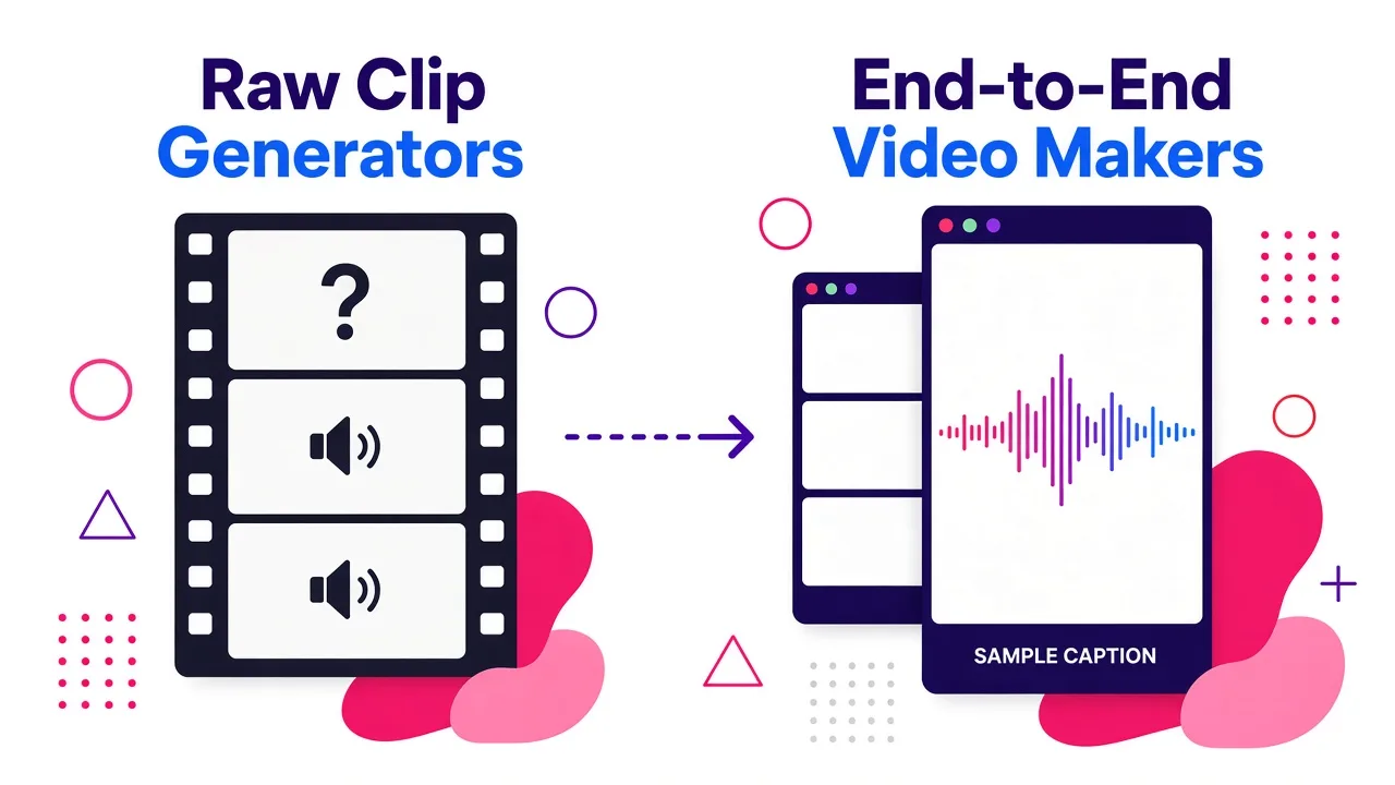 Two types of AI video generators: raw clips on the left versus finished vertical videos on the right.