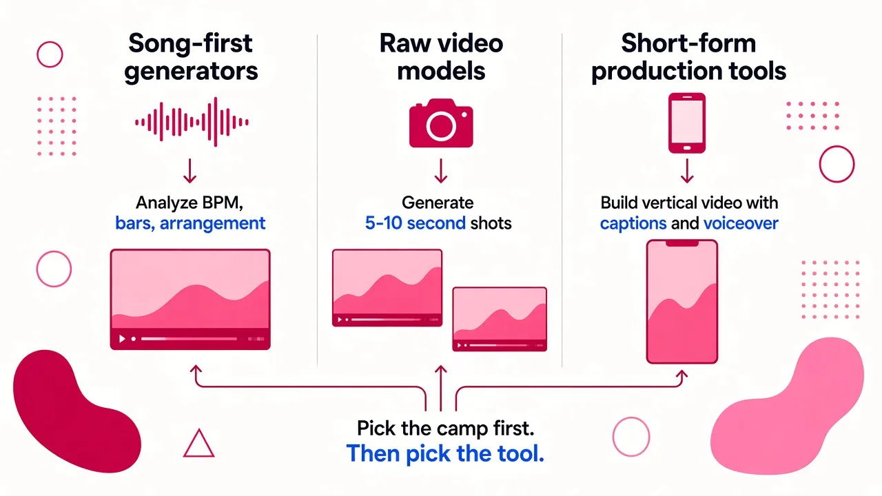 Three vertical workflows showing how song-first generators analyze audio before creating videos, raw video models generate independent clips, and short-form tools build complete mobile videos.